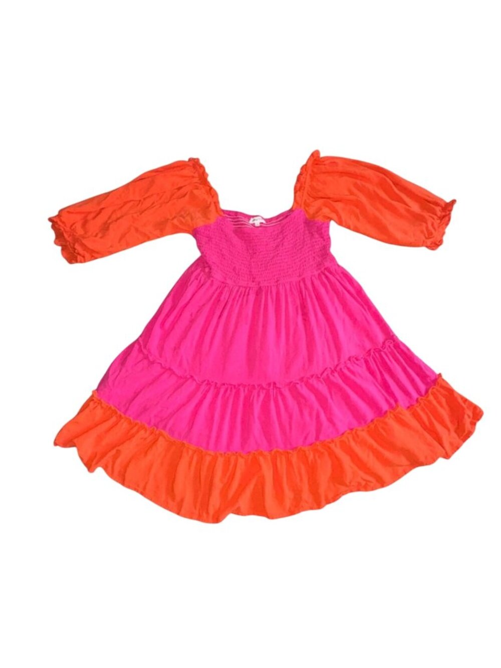 Main Strip Color Block Ruffle Dress-Pink/Orange-Large-GUC